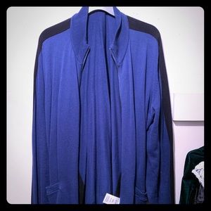 Navy Blue Cardigan with Black Stripes on Sleeve